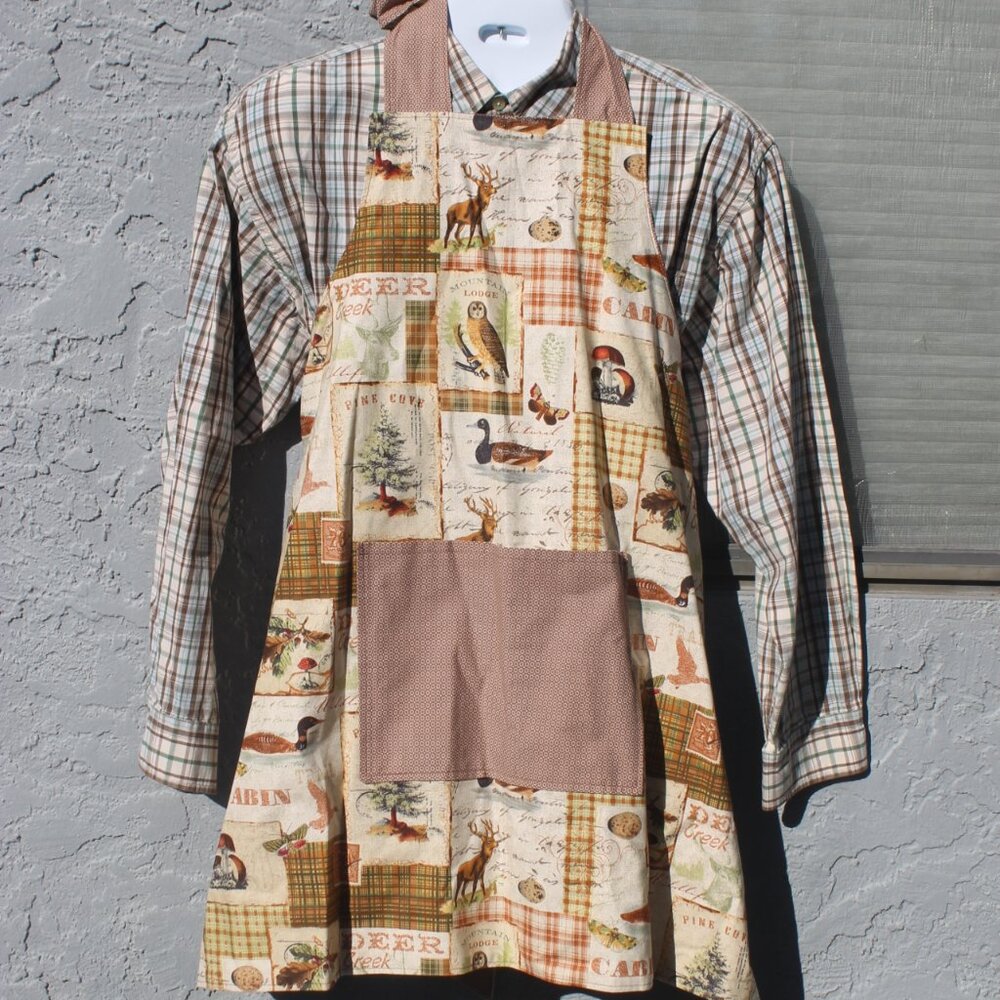 Cabin Print Adult Full Apron Brown Beige Handmade Reversible Large Pocket Cotton